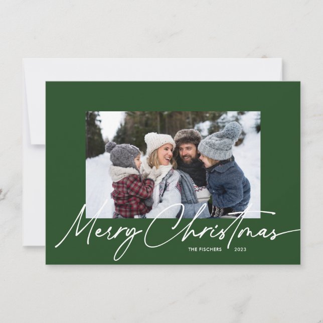 Budget Green Christmas Calligraphy Simple 3 Photo Holiday Card (Front)