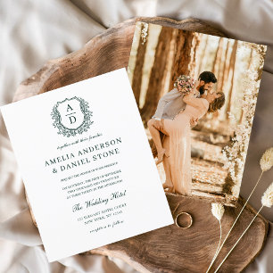 Budget Green Crest Monogram Wedding Invitation