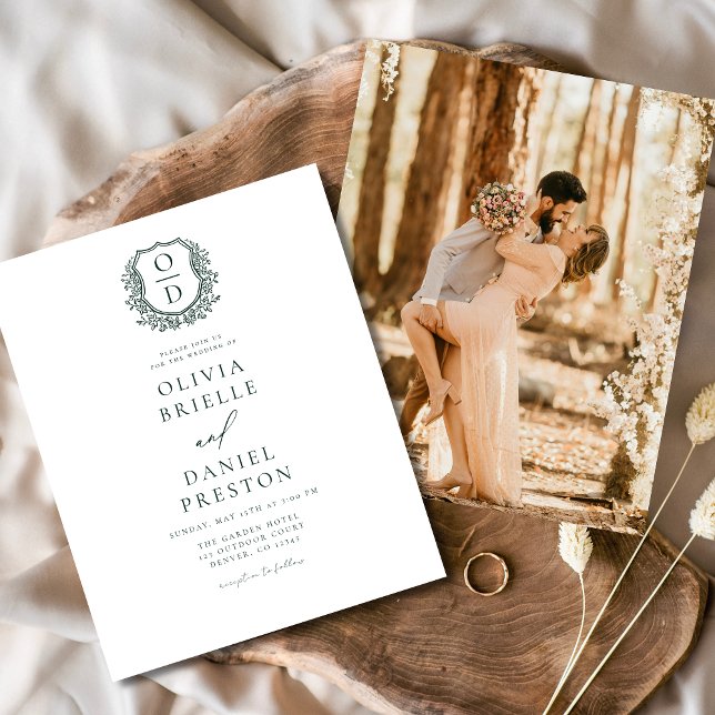Budget Green Crest Monogram Wedding Invitation Flyer (Creator Uploaded)
