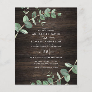 budget green eucalyptus foliage dark wood wedding flyer