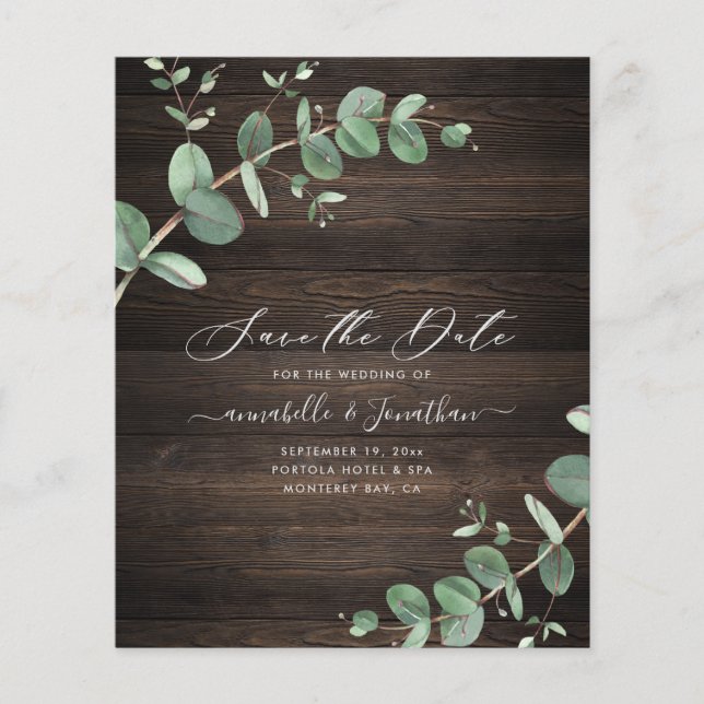 budget green Eucalyptus foliage rustic dark wood (Front)