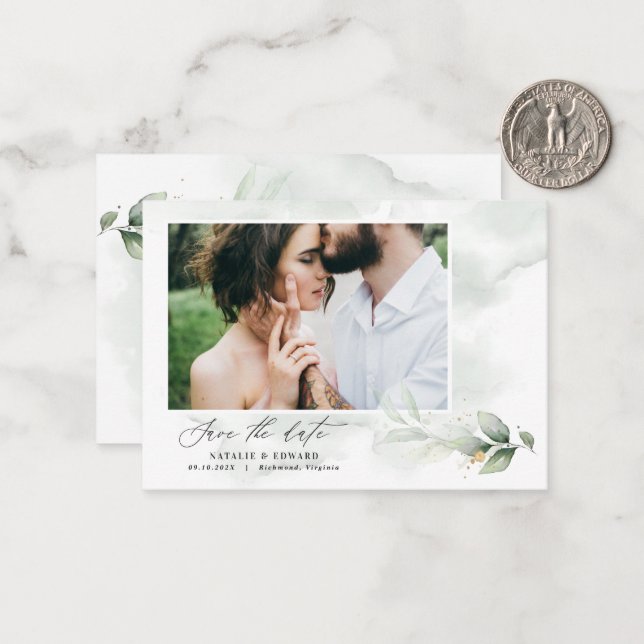 budget green eucalyptus wedding save the date card (Front/Back In Situ)