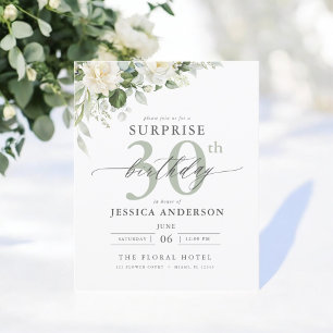 Budget Green Floral Surprise Birthday Invitations