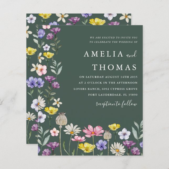 Budget Green Floral Wildflower Wedding Invitation  (Front/Back)