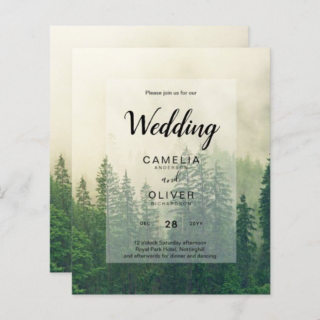 BUDGET Green Forest Pine Trees Wedding INVITE (Front/Back)