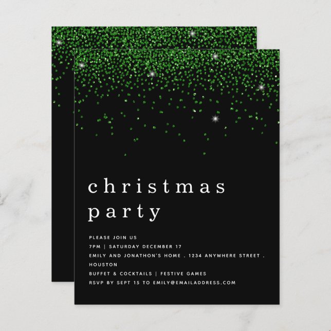 Budget Green Glitter Christmas Party Black Invite (Front/Back)