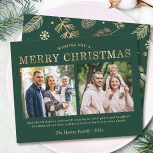 Budget Green Gold 2 Photo Merry Christmas Cards
