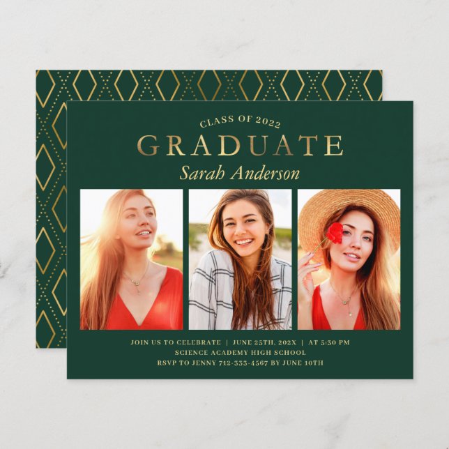 Budget Green Gold 3 Photo Graduation Invitations (Front/Back)