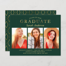 Budget Green Gold 3 Photo Graduation Invitations