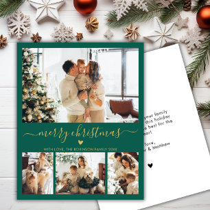 Budget Green Gold 4 Photo Collage Christmas Card