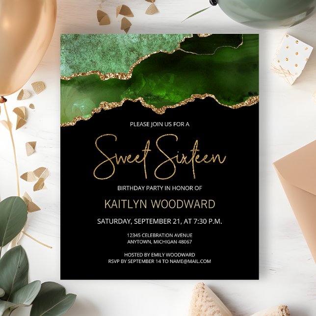 Budget Green Gold Agate Dark Sweet 16 Invitation (Creator Uploaded)