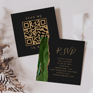 Budget Green Gold Agate Dark Wedding QR Code RSVP Enclosure Card