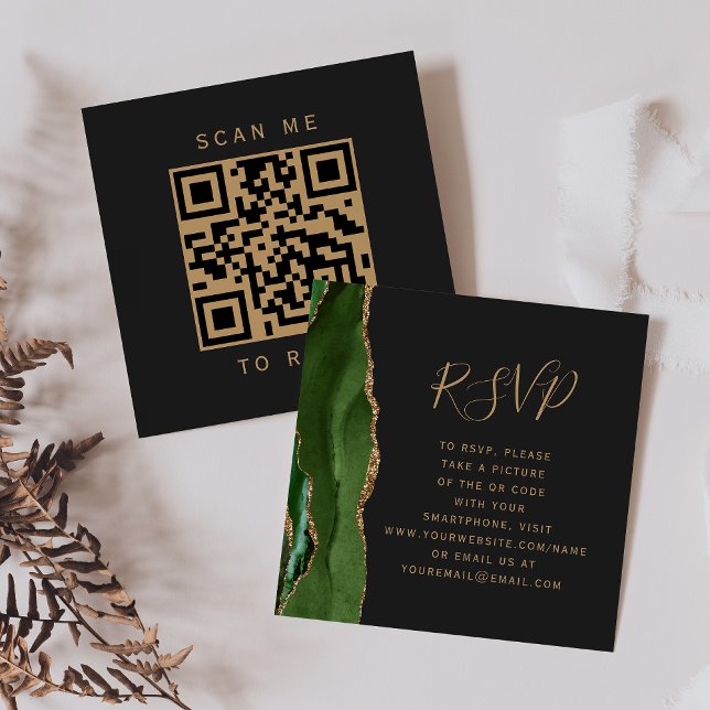 Budget Green Gold Agate Dark Wedding QR Code RSVP Enclosure Card (Creator Uploaded)
