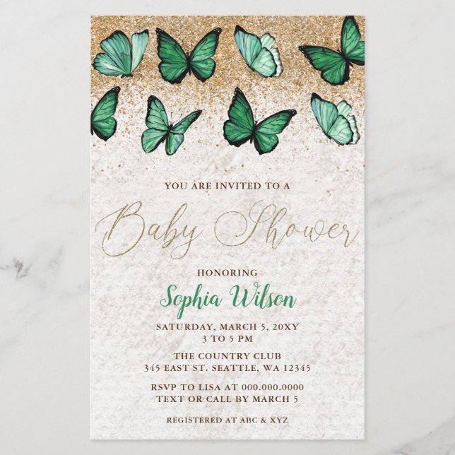 Budget Green Gold Butterfly Baby Shower Invitation (Front)
