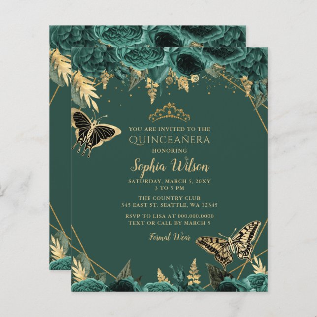 Budget Green Gold Butterfly Quinceañera Invitation (Front/Back)