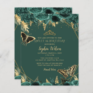Budget Green Gold Butterfly Sweet 16 Invitation
