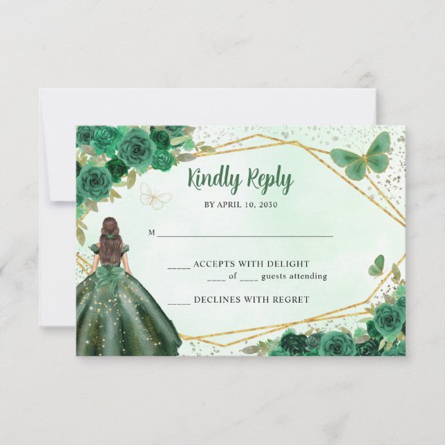 Budget Green Gold Floral Princess QR Code RSVP Card (Front)