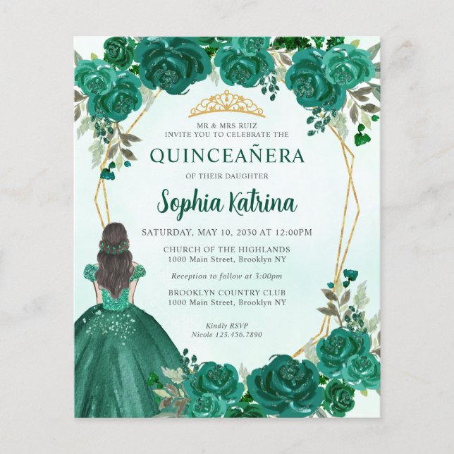 Budget Green Gold Floral Princess Quinceañera (Front)