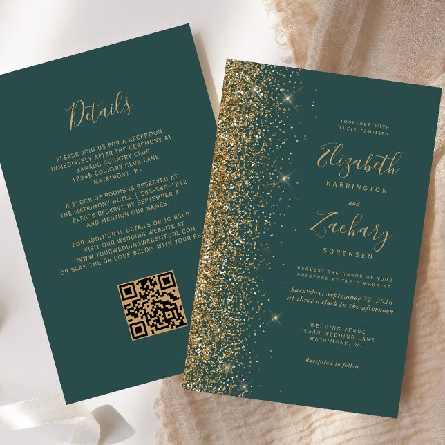 Budget Green Gold Glitter QR Code Wedding Invite (Creator Uploaded)