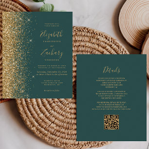 Budget Green Gold Glitter QR Code Wedding Invite