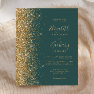Budget Green Gold Glitter Wedding Invitation