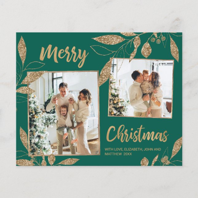 Budget Green Gold Leaves 2 Photo Christmas Card (Front)