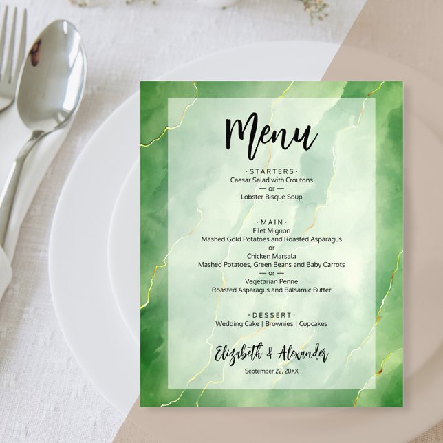 Budget Green Gold Marble Wedding Menu (Creator Uploaded)