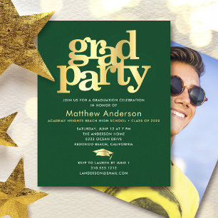 Budget Green Gold Photo Grad Minimal Party Invite