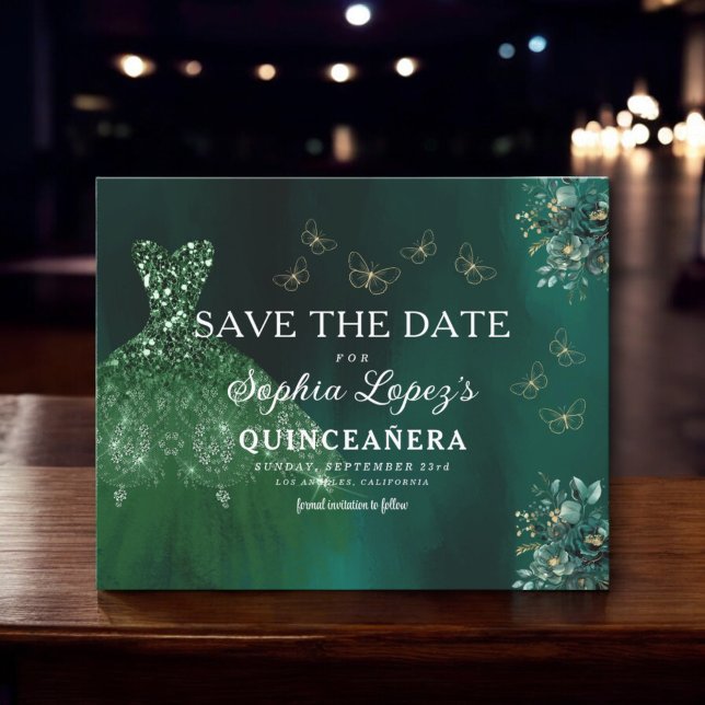 Budget Green Gold Quinceanera Save the Date (Creator Uploaded)