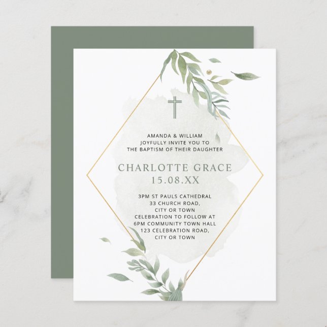 Budget Green & Gold Watercolor Foliage Baptism  (Front/Back)