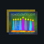 Budget Green Hanukkah Boho Candles Peace Love Card<br><div class="desc">“Peace, love & light.” A playful, modern, artsy illustration of boho pattern candles in a menorah helps you usher in the holiday of Hanukkah. Assorted blue candles with colourful faux foil patterns overlay a rich deep green textured background. Faux copper diamond pattern foil on a green background for the reverse...</div>