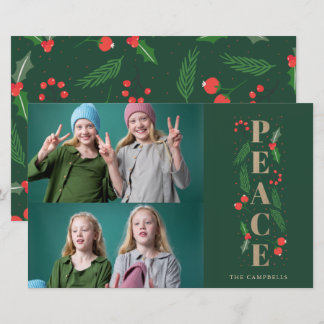 Budget Green Holly Berry Peace Photo Holiday Card