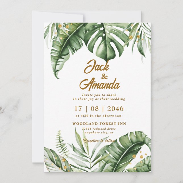 Budget Green Leaf Boho Wedding Invitation (Front)
