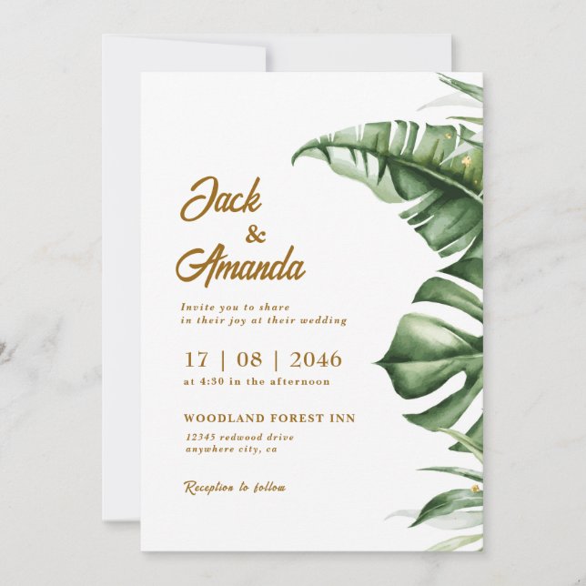 Budget Green Leaf Boho Wedding Invitation (Front)