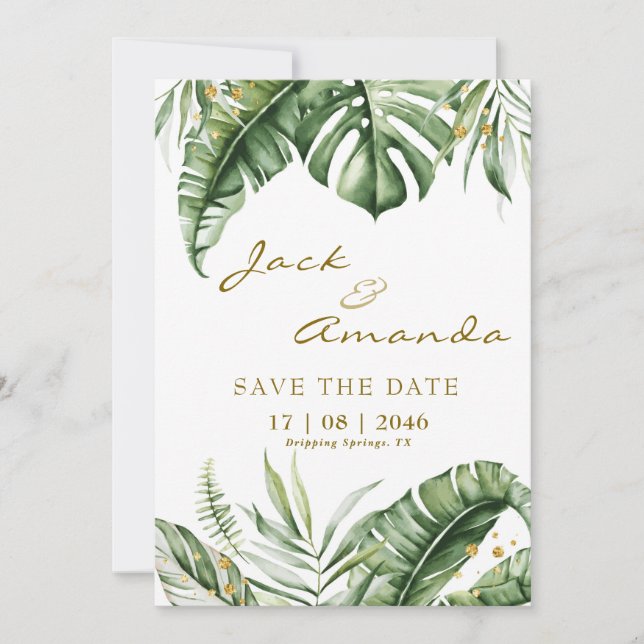 Budget Green Leaf Boho Wedding save the date card (Front)
