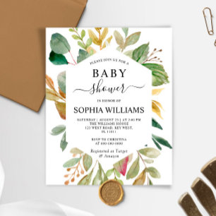 Budget Green Leaves Frame Baby Shower Invitation