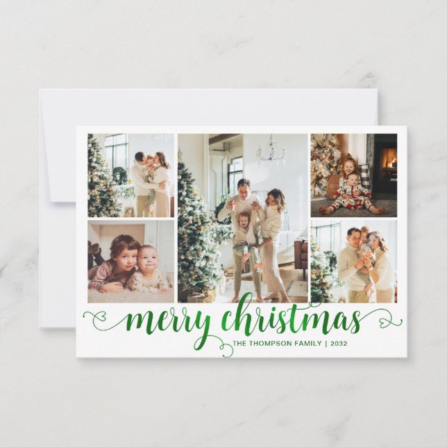 BUDGET Green Merry Christmas Heart Script 5 Photo Card (Front)