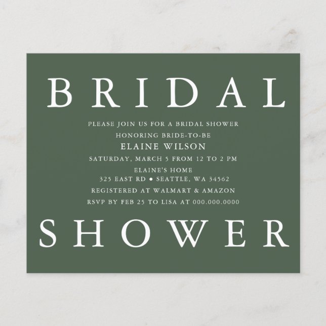Budget Green Modern Bridal Shower Invitation (Front)