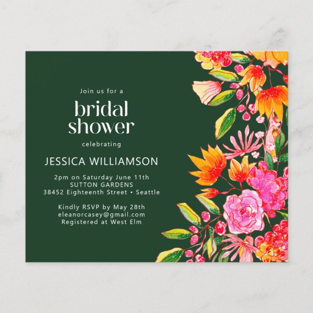 Budget Green Pink Floral Bridal Shower Invite (Front)
