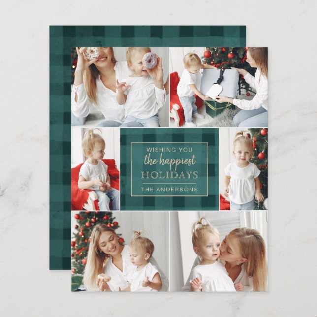 Budget Green Plaid Six Photos Collage Holiday Card (Front/Back)