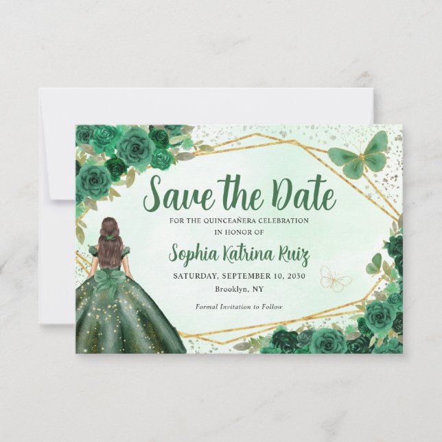 Budget Green Princess Quinceañera Save the Date Card (Front)