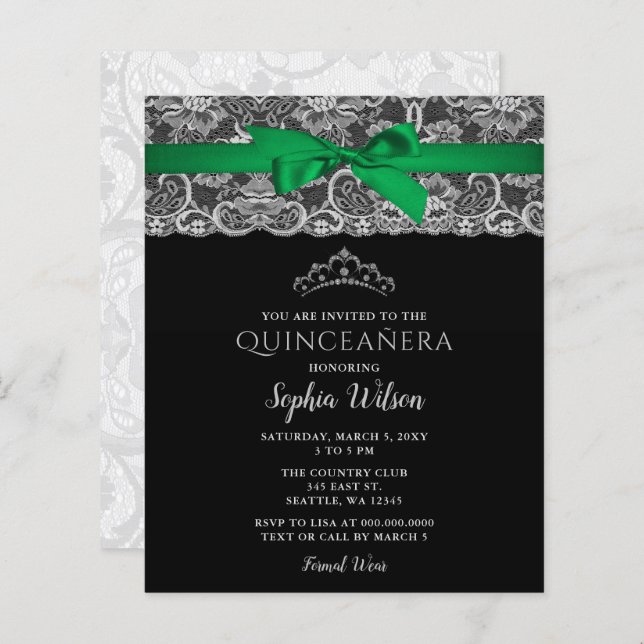 Budget Green Ribbon Lace Quinceañera  Invitation (Front/Back)
