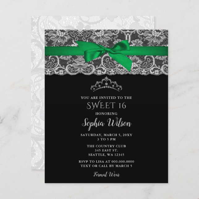 Budget Green Ribbon Lace Sweet 16 Invitation (Front/Back)