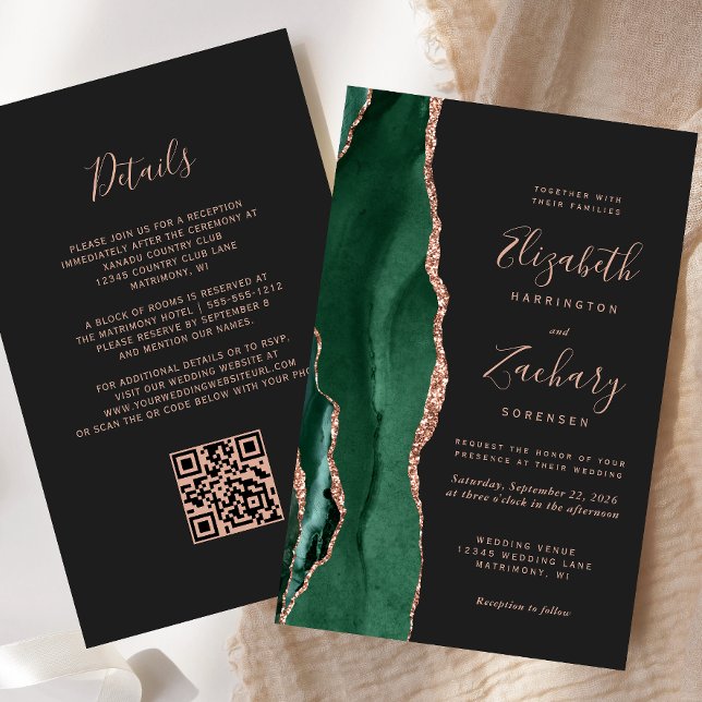 Budget Green Rose Gold Agate Dark QR Code Wedding (Creator Uploaded)