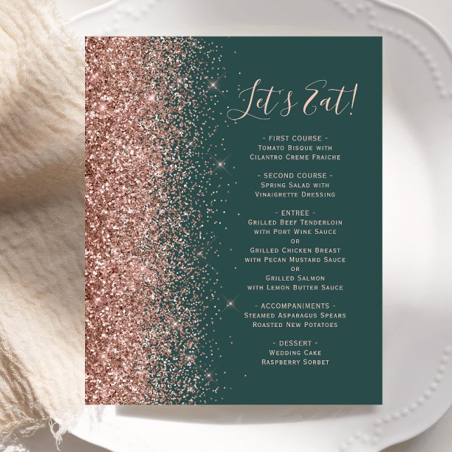 Budget Green Rose Gold Glitter Wedding Menu (Creator Uploaded)