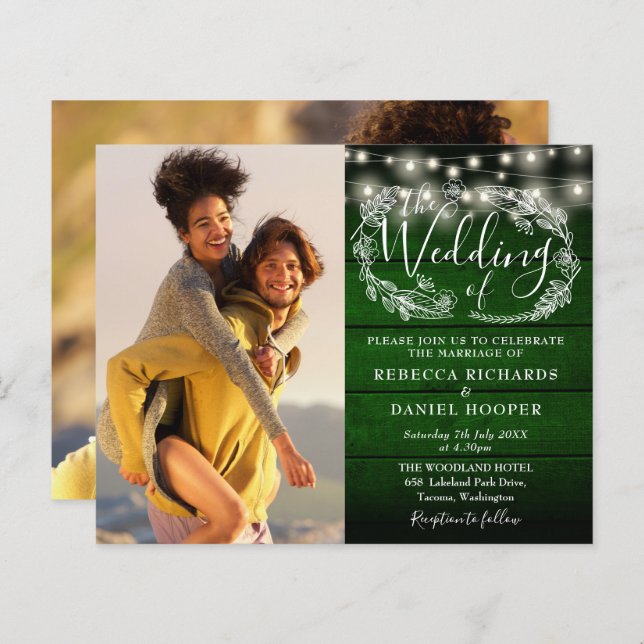 Budget Green Rustic Lights 2 Photo Wedding Invite (Front/Back)
