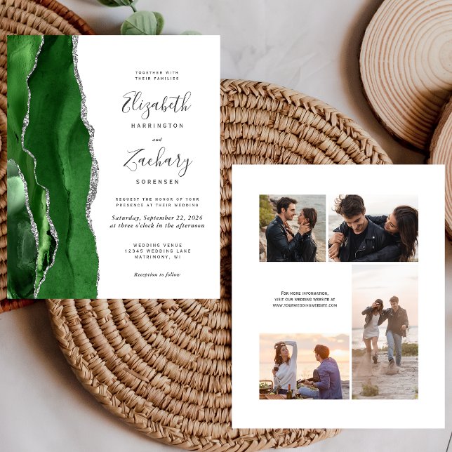 Budget Green Silver 4-Photo Wedding Invite (Creator Uploaded)