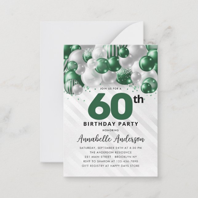 Budget Green Silver Balloon Glitter 60th Birthday Card (Front)