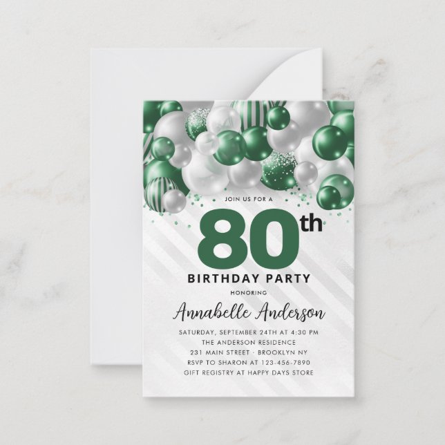 Budget Green Silver Balloon Glitter 80th Birthday Card (Front)