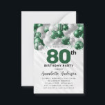 Budget Green Silver Balloon Glitter 80th Birthday Card<br><div class="desc">Modern Glam Emerald Green Silver Balloon Glitter Sparkle Any Age Birthday Invitation</div>